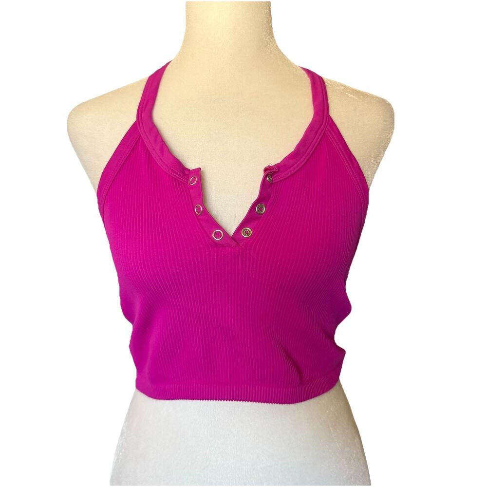 FP Movement Womens Medium Sports Bra Crop Top Magenta Pink Ribbed Snap Racerback